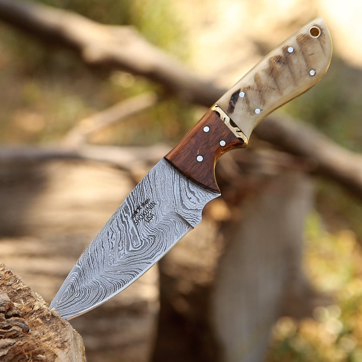 Starlight Hunting Knife – Starlight Damascus Hunting Knife with Exotic Rosewood &amp; Ram Horn Handle – shokuninusa