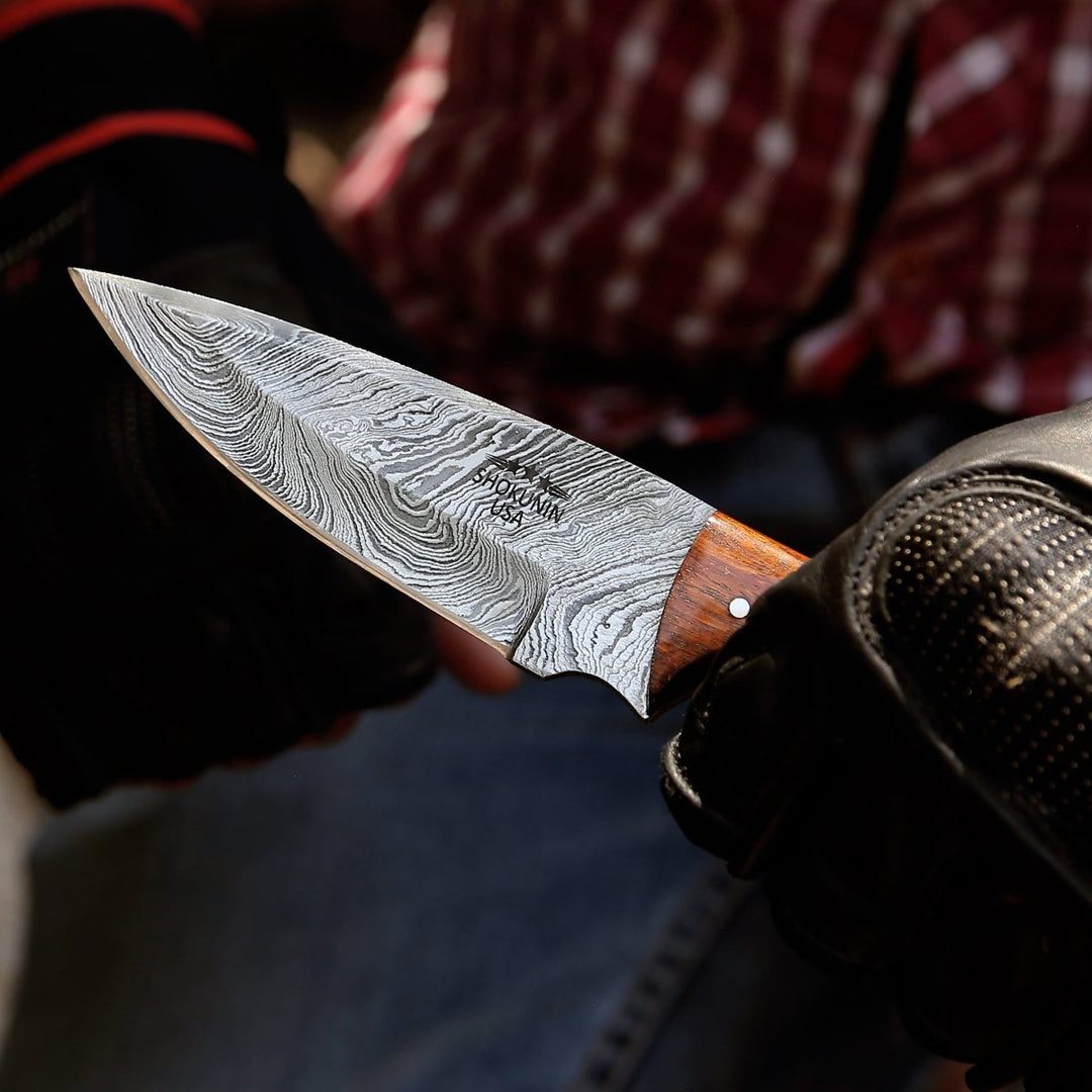Starlight Rosewood Handle – Starlight Damascus Hunting Knife with Exotic Rosewood &amp; Ram Horn Handle – shokuninusa