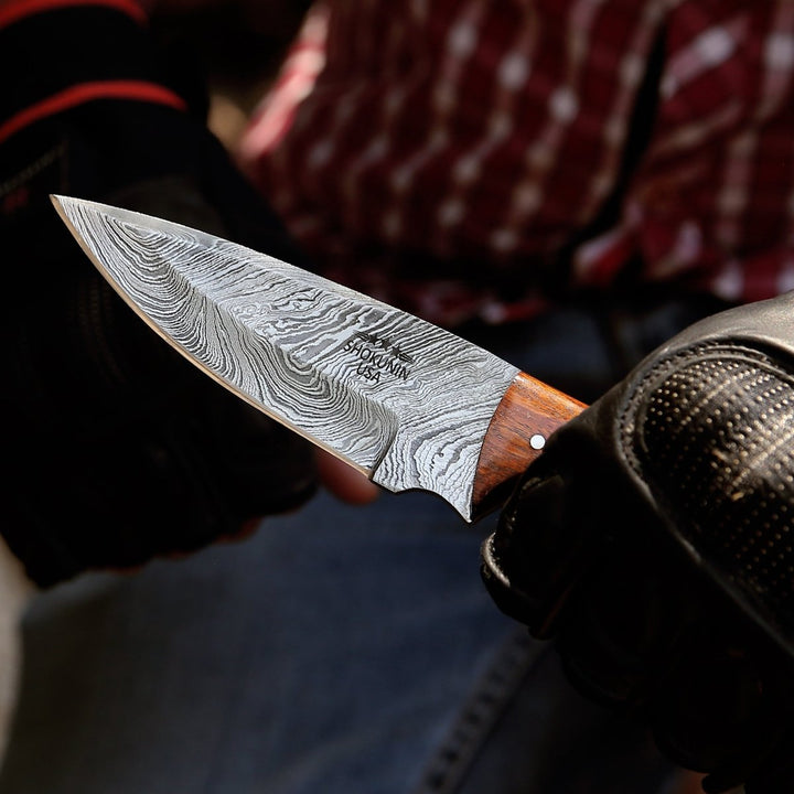 Starlight Rosewood Handle – Starlight Damascus Hunting Knife with Exotic Rosewood &amp; Ram Horn Handle – shokuninusa