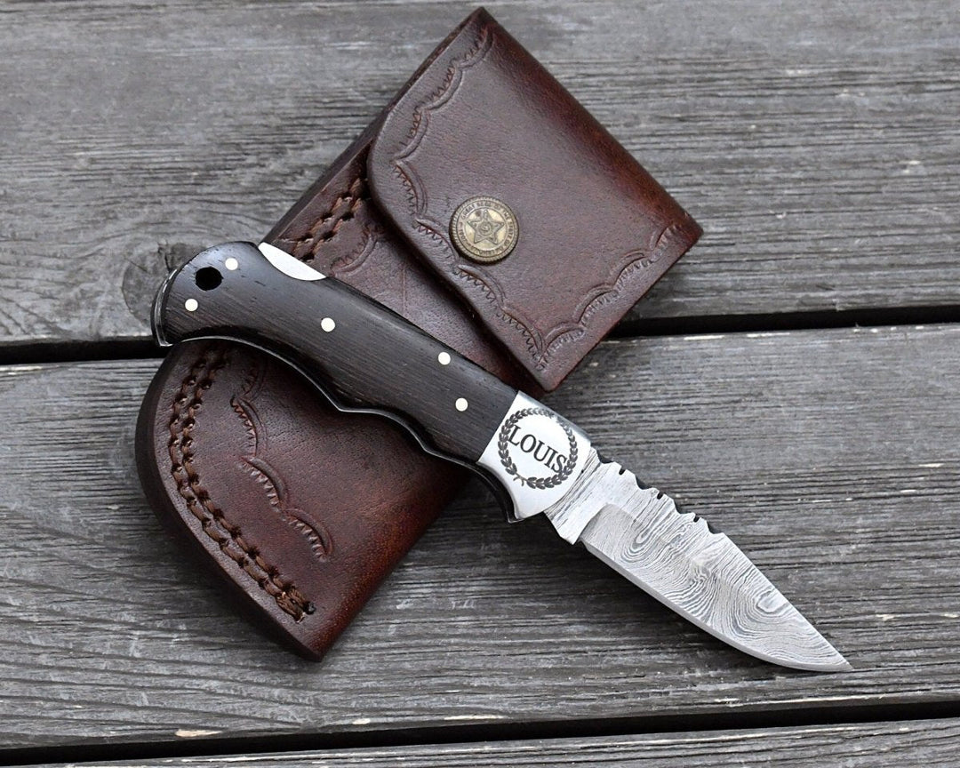Starshard Damascus Knife - Starshard Damascus Pocket Knife with Exotic Wenge Wood Handle - Shokunin USA