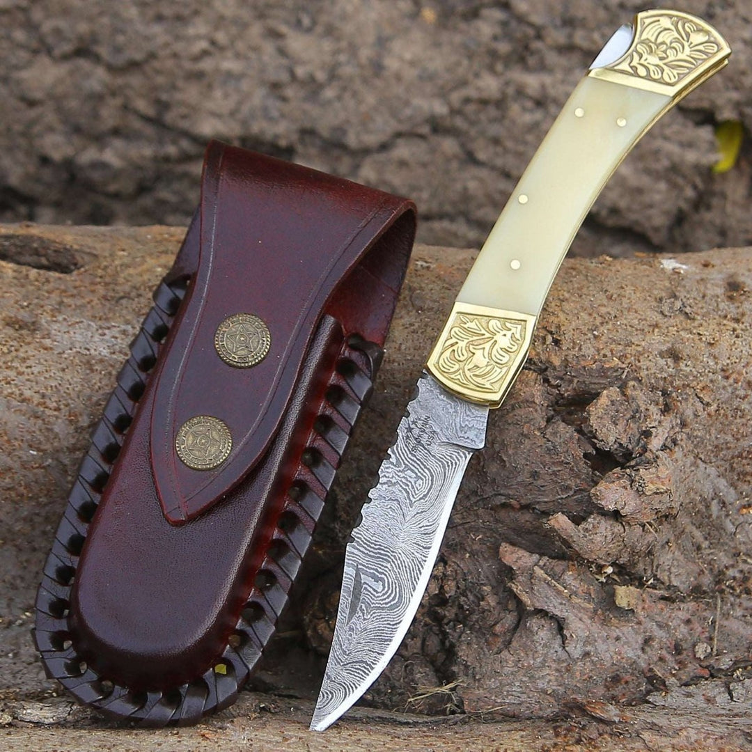 Stormedge Handmade Damascus EDC Pocket Knife with Leather Sheath & Bone Handle - Shokunin USA