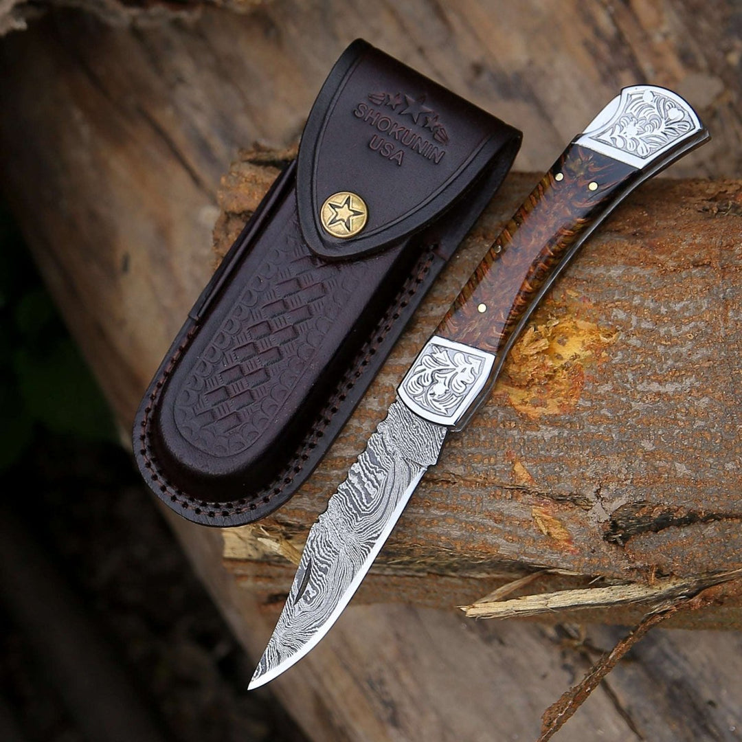 Handmade Folding Knives – Striker Custom Pocket Knife with Pine Cone Handle – shokuninusa