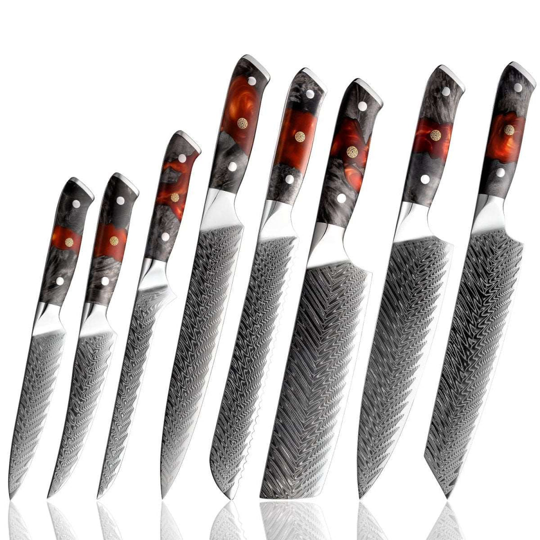 Supreme Chef Knife – Supreme Custom VG10 8-Pc Professional Chef Knife Set with Stained Olive Wood Handle & Sheath – shokuninusa