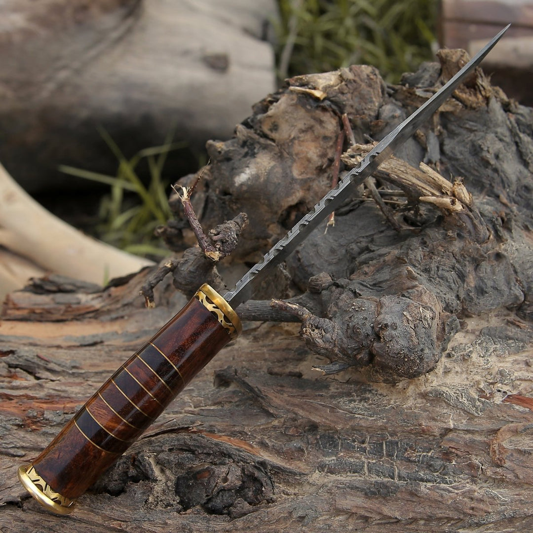 Surge Damascus Knife – Surge Damascus Bowie Knife with Rosewood Mosaic Handle – shokuninusa