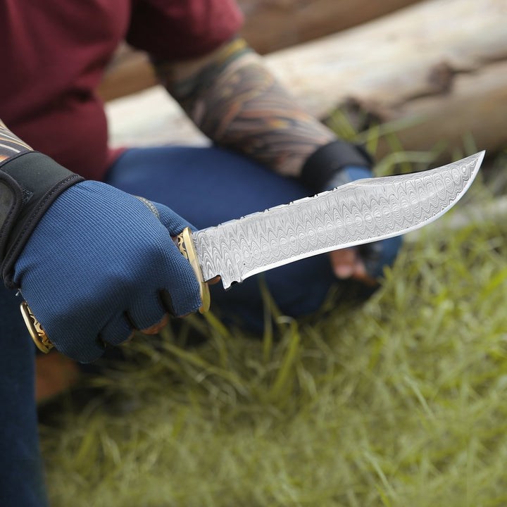 Surge Hunting Knives – Surge Damascus Bowie Knife with Rosewood Mosaic Handle – shokuninusa