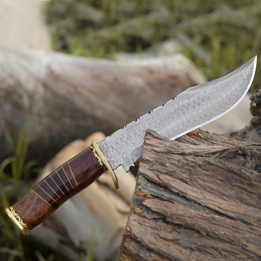 Surge Knife – Surge Damascus Bowie Knife with Rosewood Mosaic Handle – shokuninusa