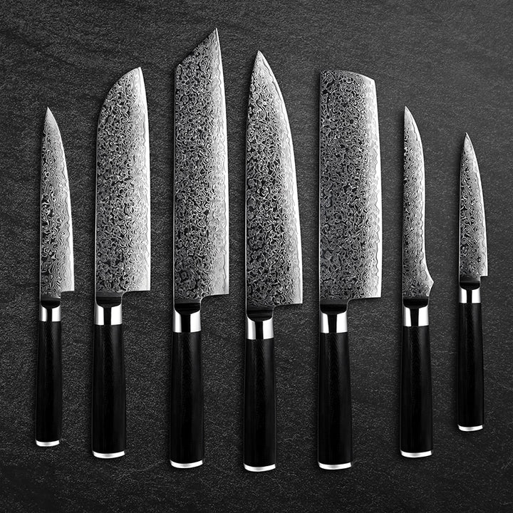 chef knife set - Noir Knife Set 7 Piece VG10 Stainless Damascus Steel with Black G10 Handle - Shokunin USA