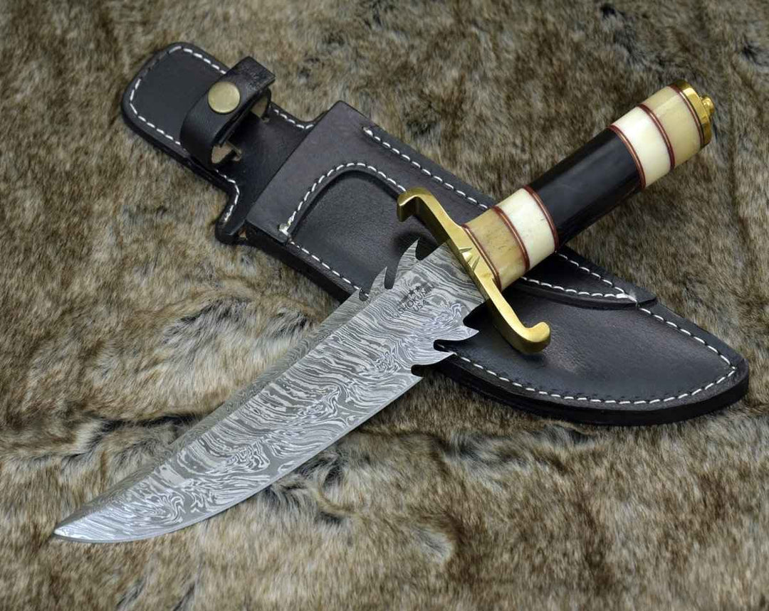 Ragnar Hunting Knife - Ragnar Damascus Bowie Knife with Bone &amp; Horn Handle - Shokunin USA