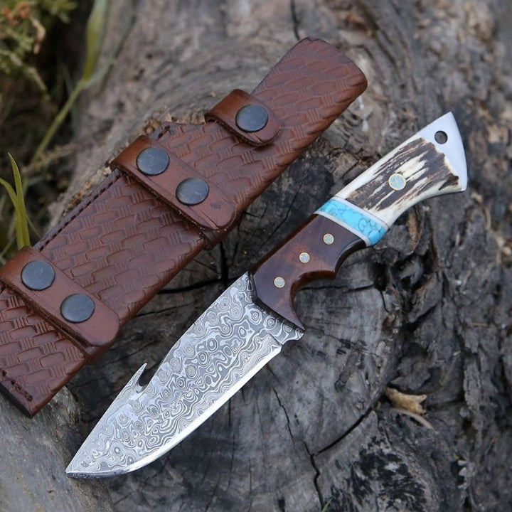 Turquoise Handle Knife – Thunder Damascus Gut Hook Knife with Antler, Wenge Wood &amp; Turquoise Handle – shokuninusa
