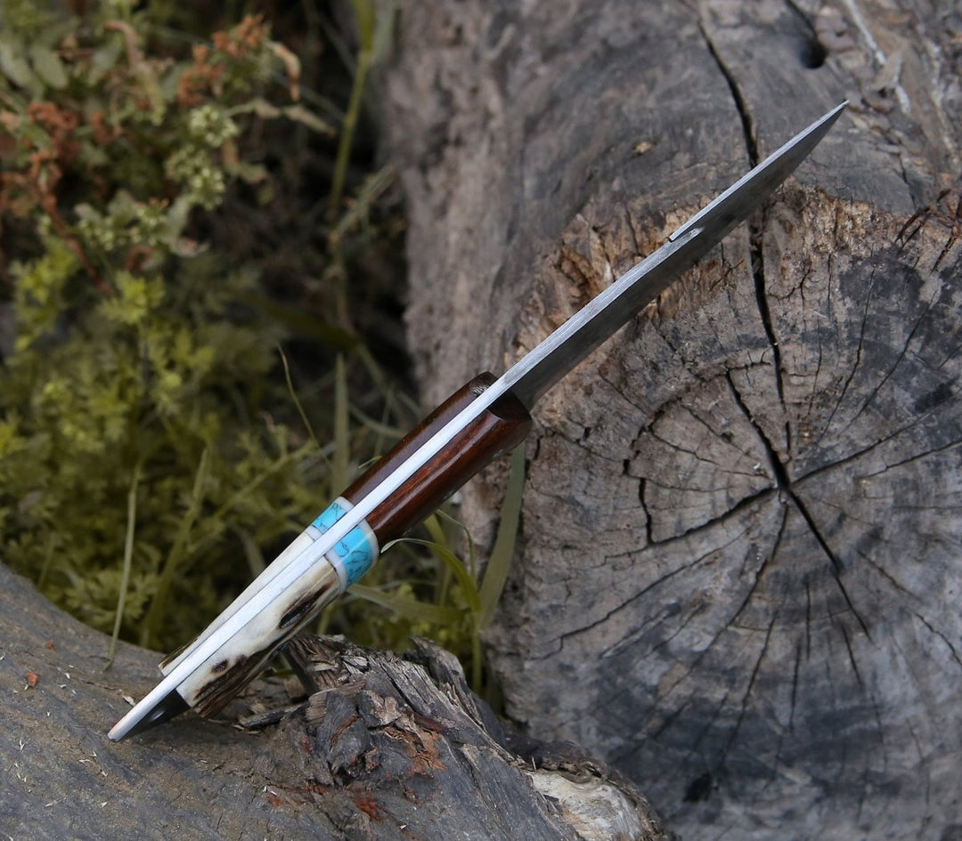 Custom Skinner Knives – Thunder Damascus Gut Hook Knife with Antler, Wenge Wood &amp; Turquoise Handle – shokuninusa