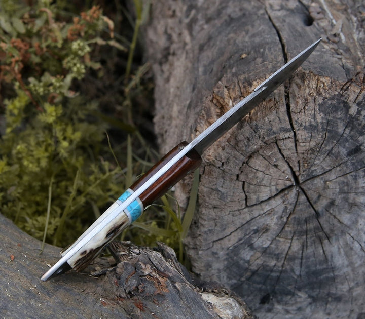 Custom Skinner Knives – Thunder Damascus Gut Hook Knife with Antler, Wenge Wood &amp; Turquoise Handle – shokuninusa