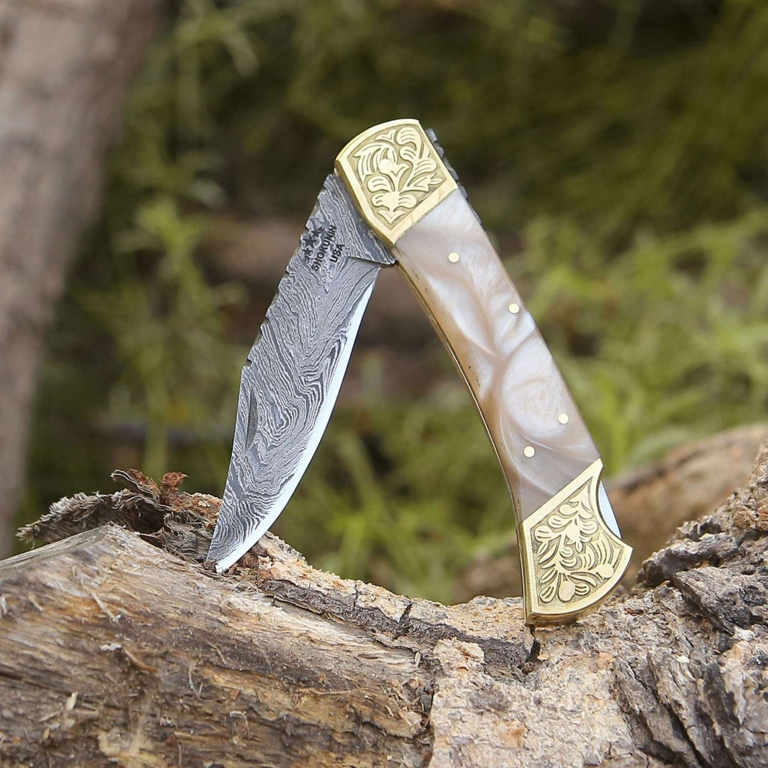 Thunderblade Damascus Knife - Thunderblade Handmade Damascus Pocket Knife with Leather Sheath &amp; Mother of Pearl Resin - Shokunin USA