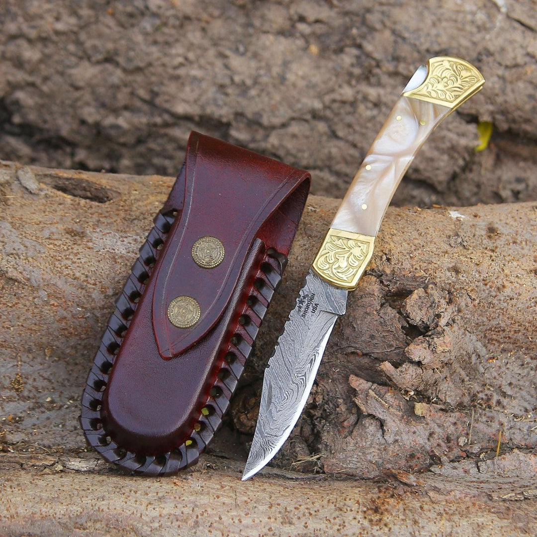 Thunderblade Pocket Knife - Thunderblade Handmade Damascus Pocket Knife with Leather Sheath & Mother of Pearl Resin - Shokunin USA
