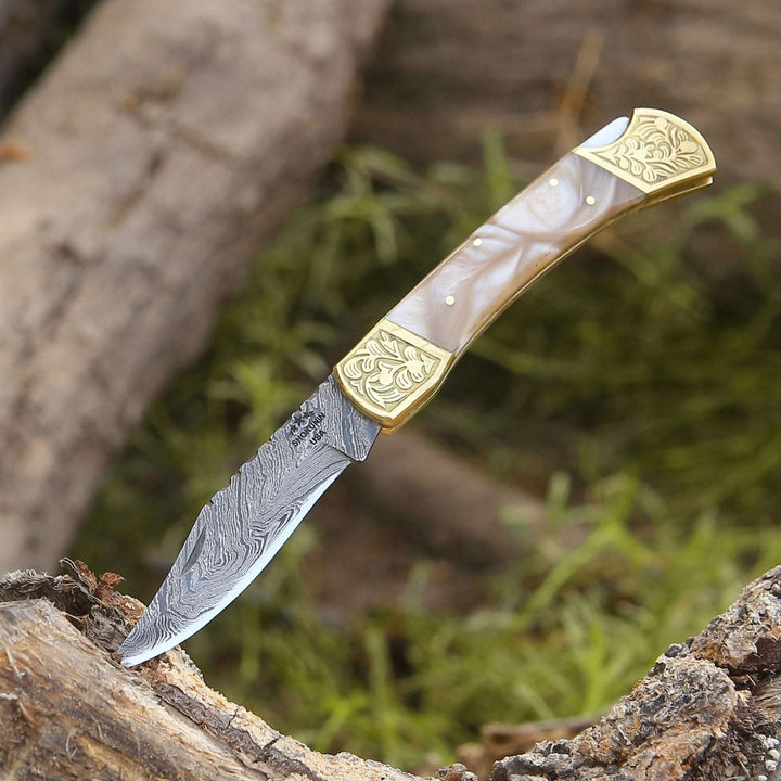 Thunderblade Knife - Thunderblade Handmade Damascus Pocket Knife with Leather Sheath &amp; Mother of Pearl Resin - Shokunin USA