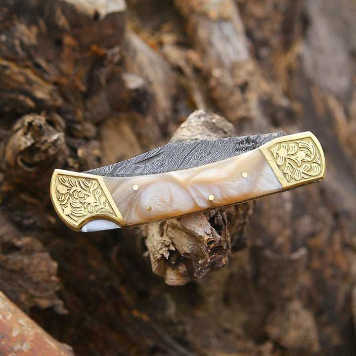 Thunderblade Damascus Knives - Thunderblade Handmade Damascus Pocket Knife with Leather Sheath &amp; Mother of Pearl Resin - Shokunin USA