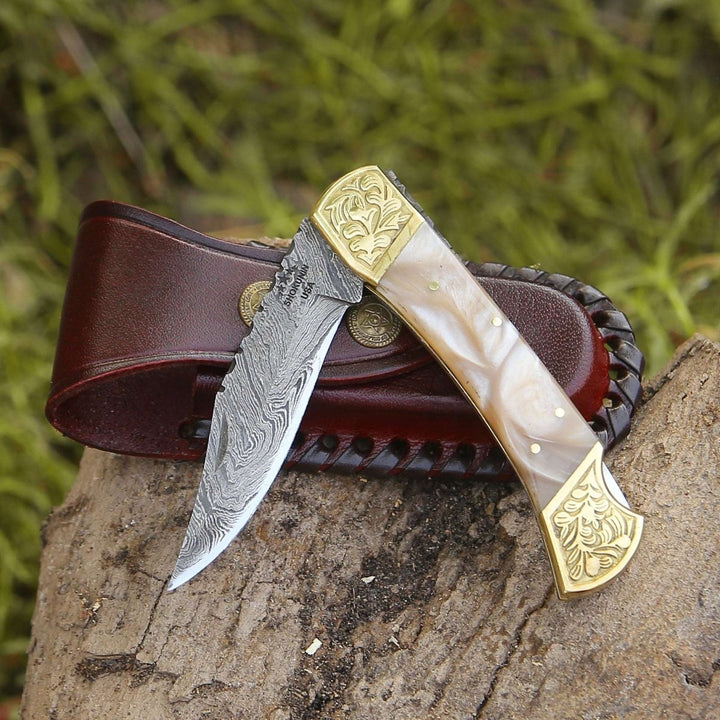 Thunderblade Pocket Knives - Thunderblade Handmade Damascus Pocket Knife with Leather Sheath &amp; Mother of Pearl Resin - Shokunin USA