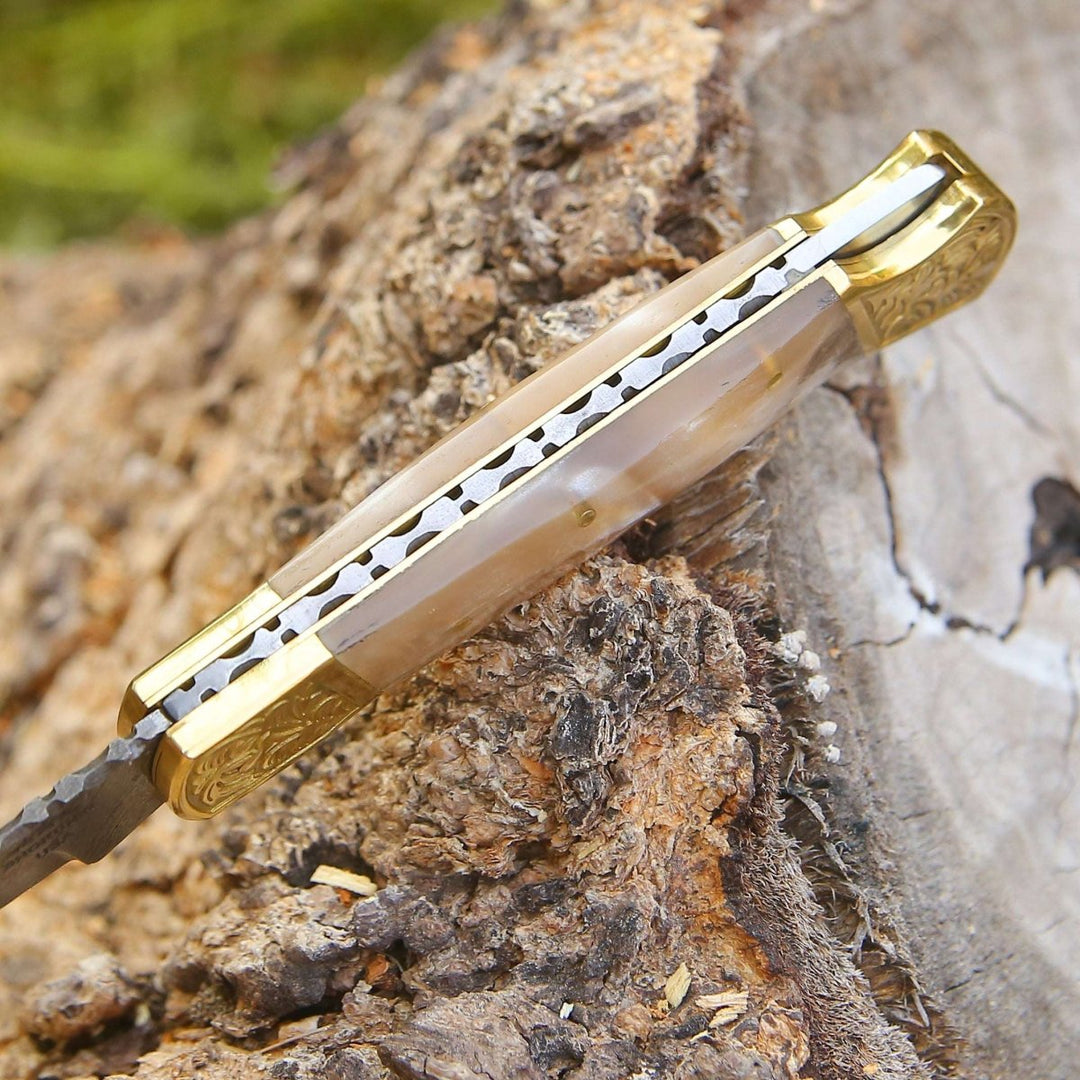 Thunderblade Handmade Knife - Thunderblade Handmade Damascus Pocket Knife with Leather Sheath &amp; Mother of Pearl Resin - Shokunin USA