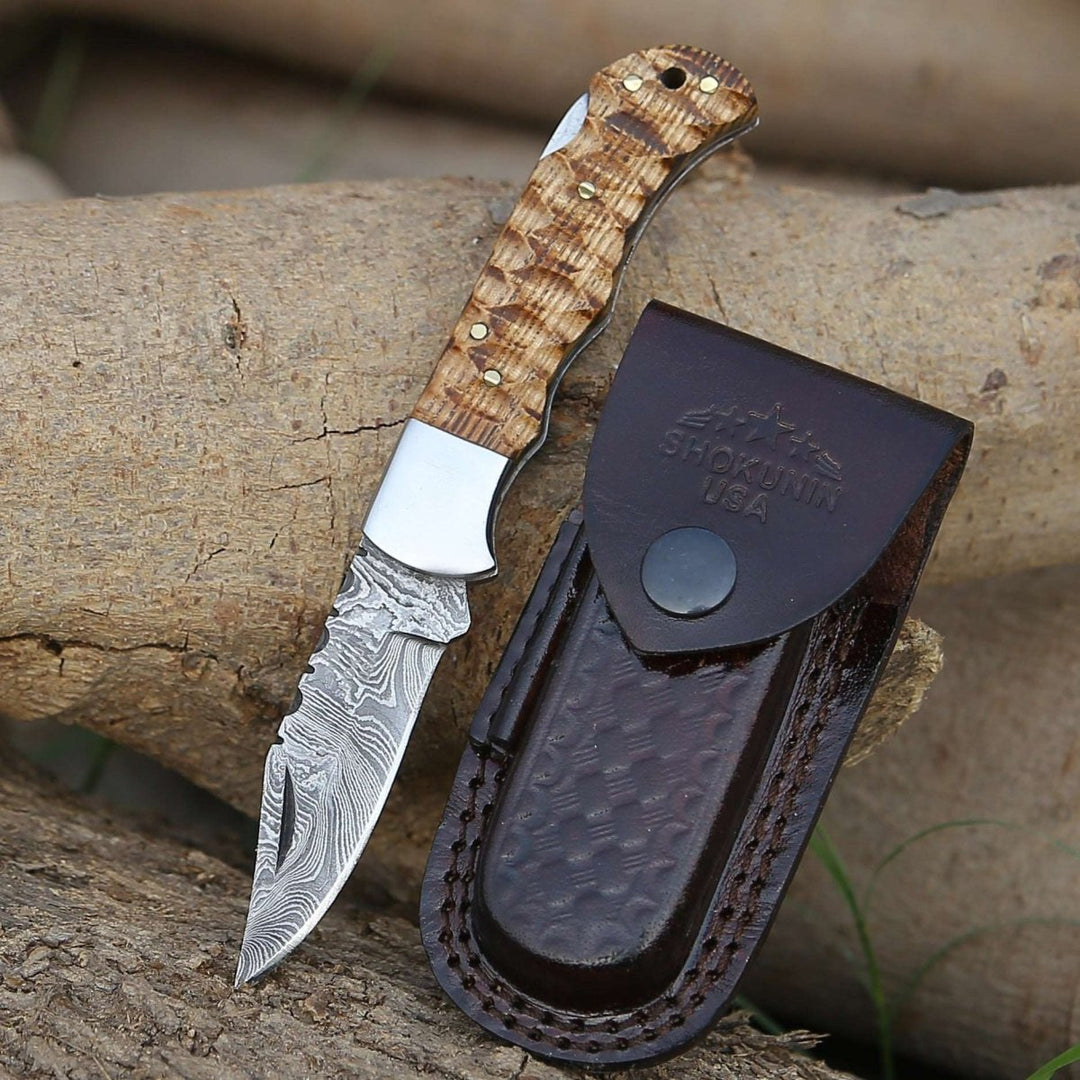 Ash Knife – Thunderbolt Pocket Knife with Forged Charred Ash Wood Handle – shokuninusa