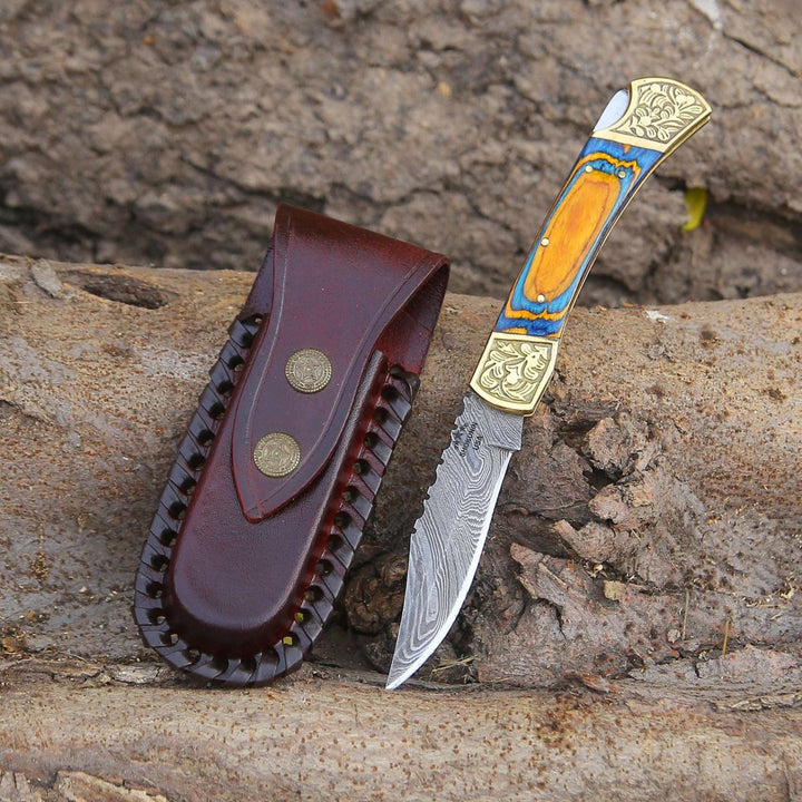 Gentleman Pocket Knives – Thundersteel Handmade Damascus EDC Folding Knife with Leather Sheath &amp; Pakkawood Handle – shokuninusa