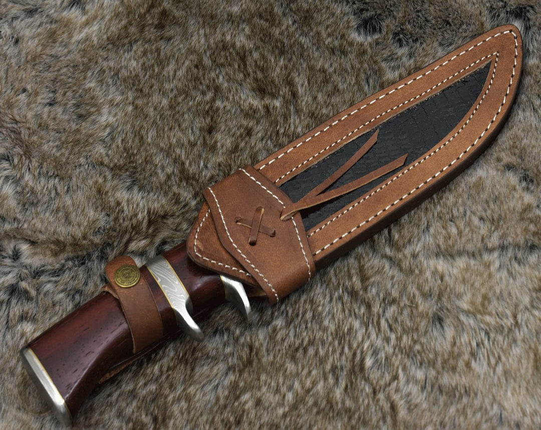Tide Knife - Tide Damascus Bowie Knife with Exotic Red Heart Wood Handle &amp; Sheath - Shokunin USA