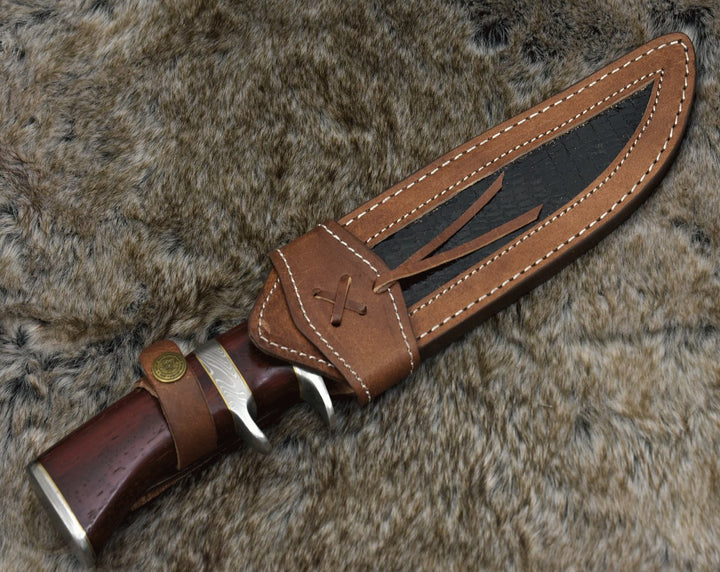 Tide Knife - Tide Damascus Bowie Knife with Exotic Red Heart Wood Handle &amp; Sheath - Shokunin USA