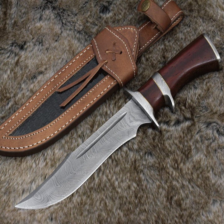 Tide Bowie Knife - Tide Damascus Bowie Knife with Exotic Red Heart Wood Handle &amp; Sheath - Shokunin USA