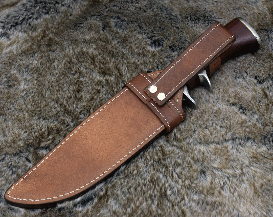 Tide Damascus Knife - Tide Damascus Bowie Knife with Exotic Red Heart Wood Handle &amp; Sheath - Shokunin USA