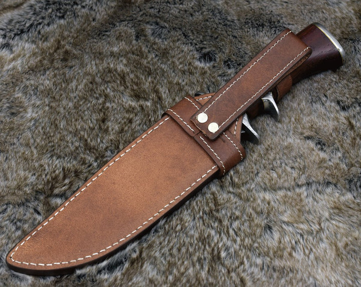 Tide Damascus Knife - Tide Damascus Bowie Knife with Exotic Red Heart Wood Handle &amp; Sheath - Shokunin USA