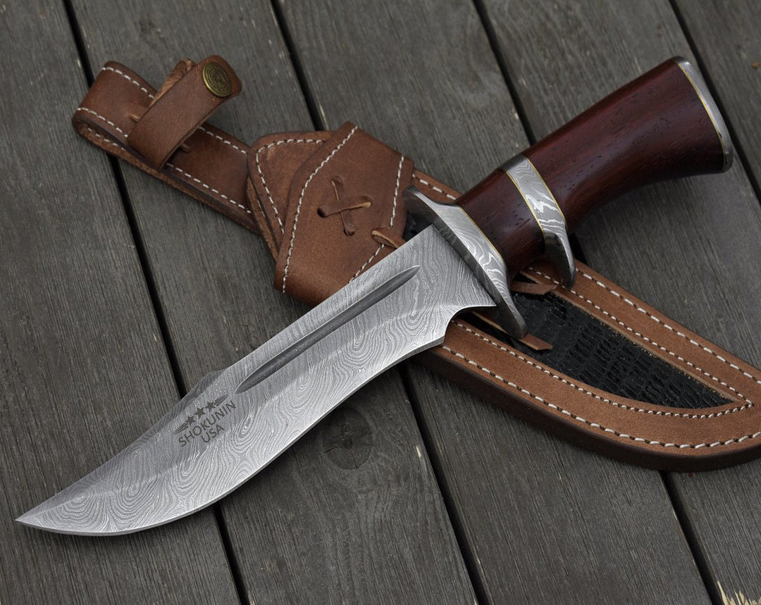 Tide Hunting Knives - Tide Damascus Bowie Knife with Exotic Red Heart Wood Handle &amp; Sheath - Shokunin USA