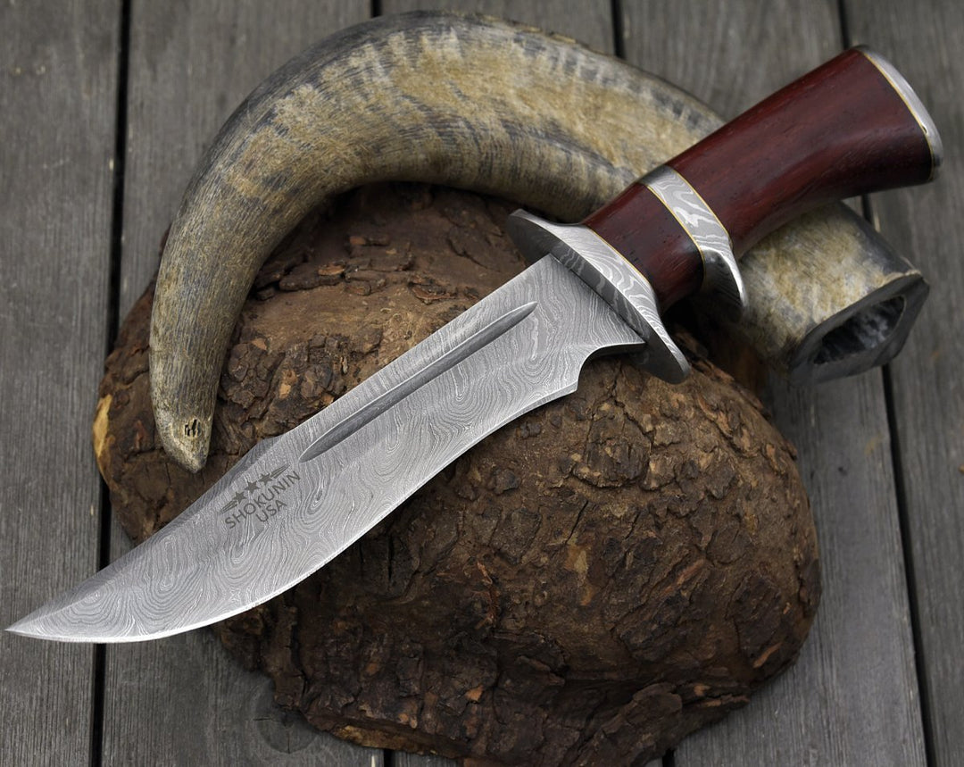 Tide Hunting Knife - Tide Damascus Bowie Knife with Exotic Red Heart Wood Handle &amp; Sheath - Shokunin USA
