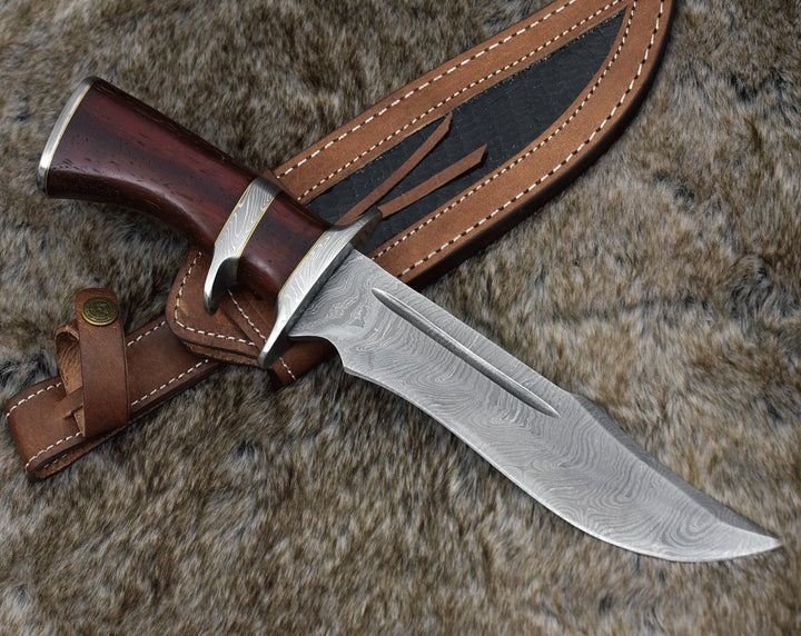 Tide Bowie Knives - Tide Damascus Bowie Knife with Exotic Red Heart Wood Handle &amp; Sheath - Shokunin USA