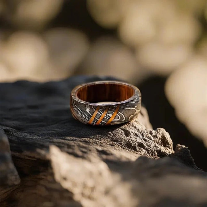 Rings – Titan Damascus Steel Wedding Ring Band with Wood Inlay – shokuninusa