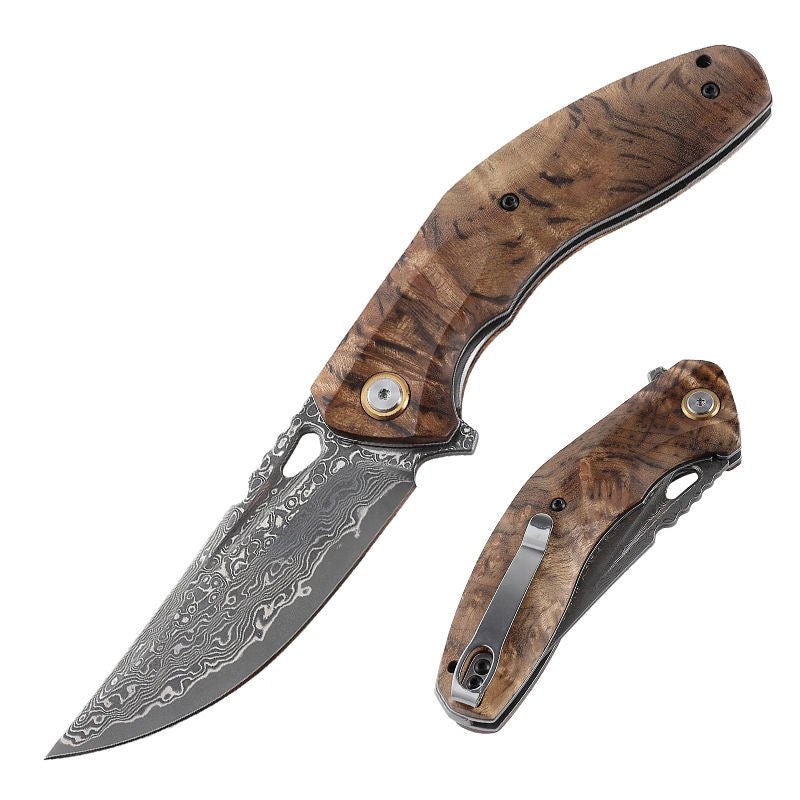 Pocket Tomahawk - Tomahawk Japanese Damascus Pocket Knife with Clip and Exotic Olive Wood Handle - Shokunin USA