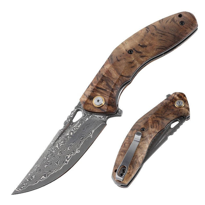 Pocket Tomahawk - Tomahawk Japanese Damascus Pocket Knife with Clip and Exotic Olive Wood Handle - Shokunin USA