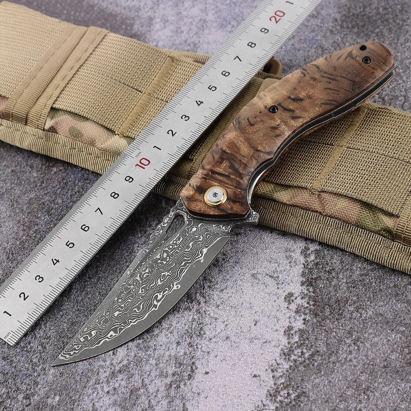 Tomahawk Damascus Knives - Tomahawk Japanese Damascus Pocket Knife with Clip and Exotic Olive Wood - Shokunin USA