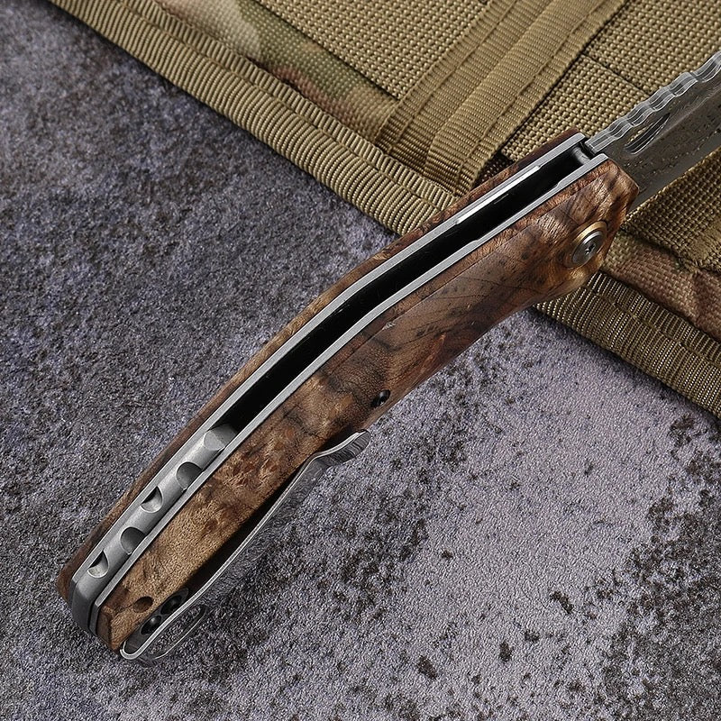 Tomahawk Knives - Tomahawk Japanese Damascus Pocket Knife with Clip and Exotic Olive Wood Handle - Shokunin USA