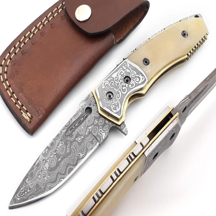 Bone Knives – Trailblazer Damascus Pocket Knife with Bone Handle – shokuninusa