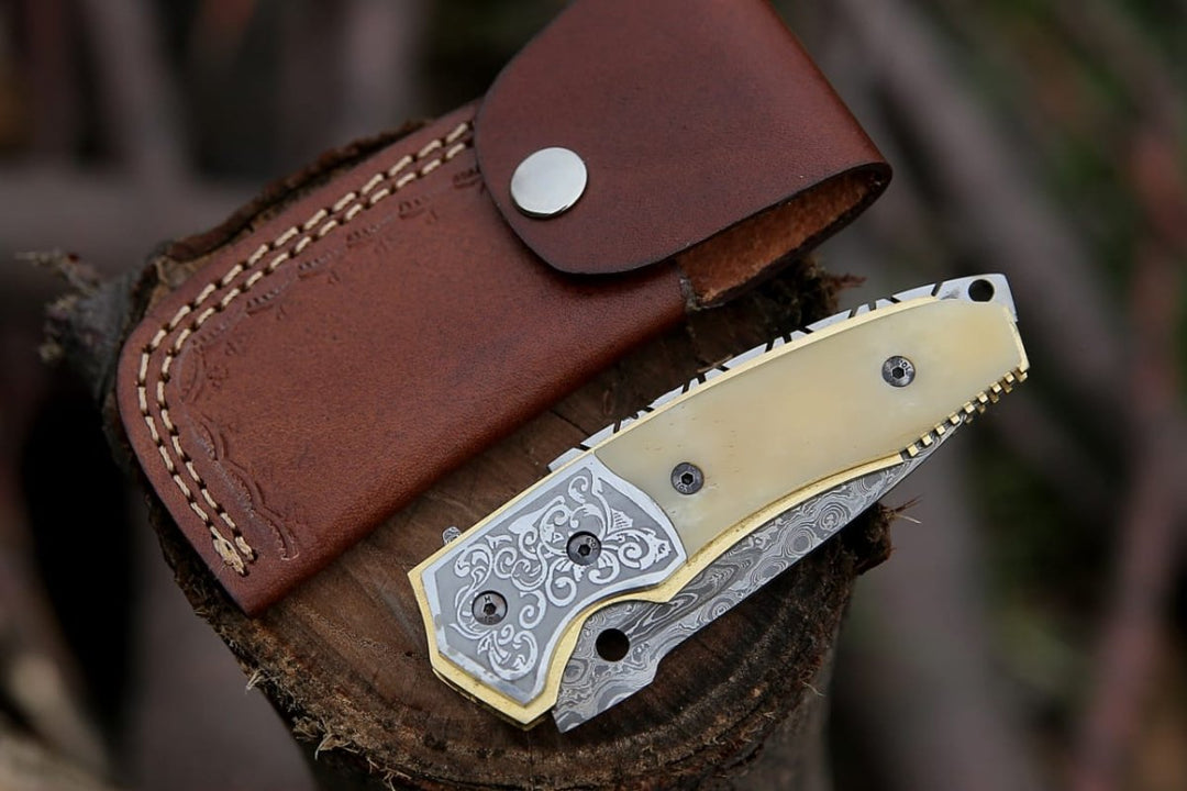 Trailblazer Pocket Knife – Trailblazer Damascus Pocket Knife with Bone Handle – shokuninusa