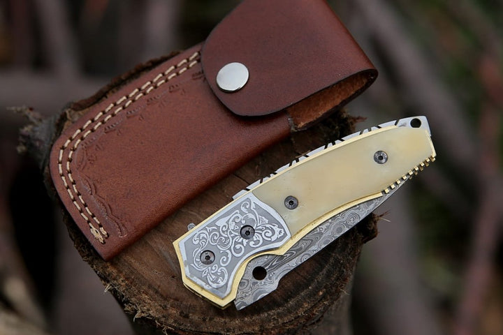 Trailblazer Pocket Knife – Trailblazer Damascus Pocket Knife with Bone Handle – shokuninusa