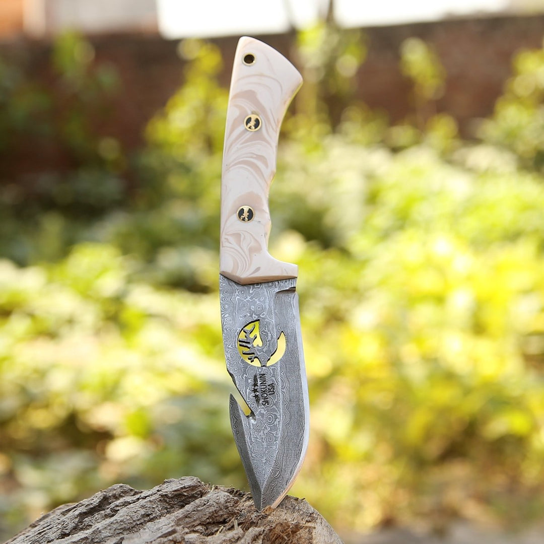 Skinner Knife Personalized – Tranquility Gut Hook Hunting Knife with Pearl Resin Handle – shokuninusa
