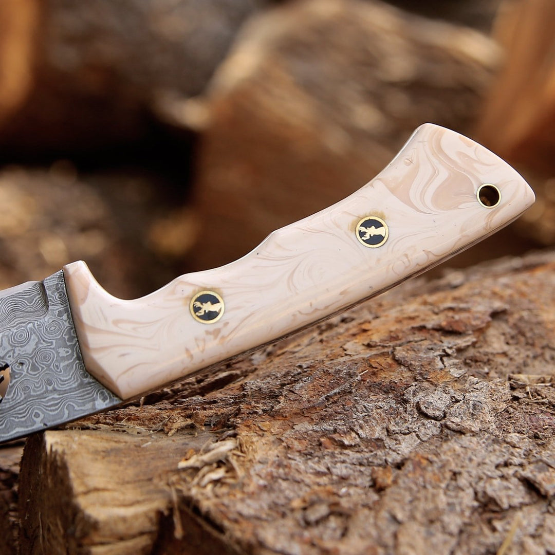 Gut Hook Custom – Tranquility Gut Hook Hunting Knife with Pearl Resin Handle – shokuninusa