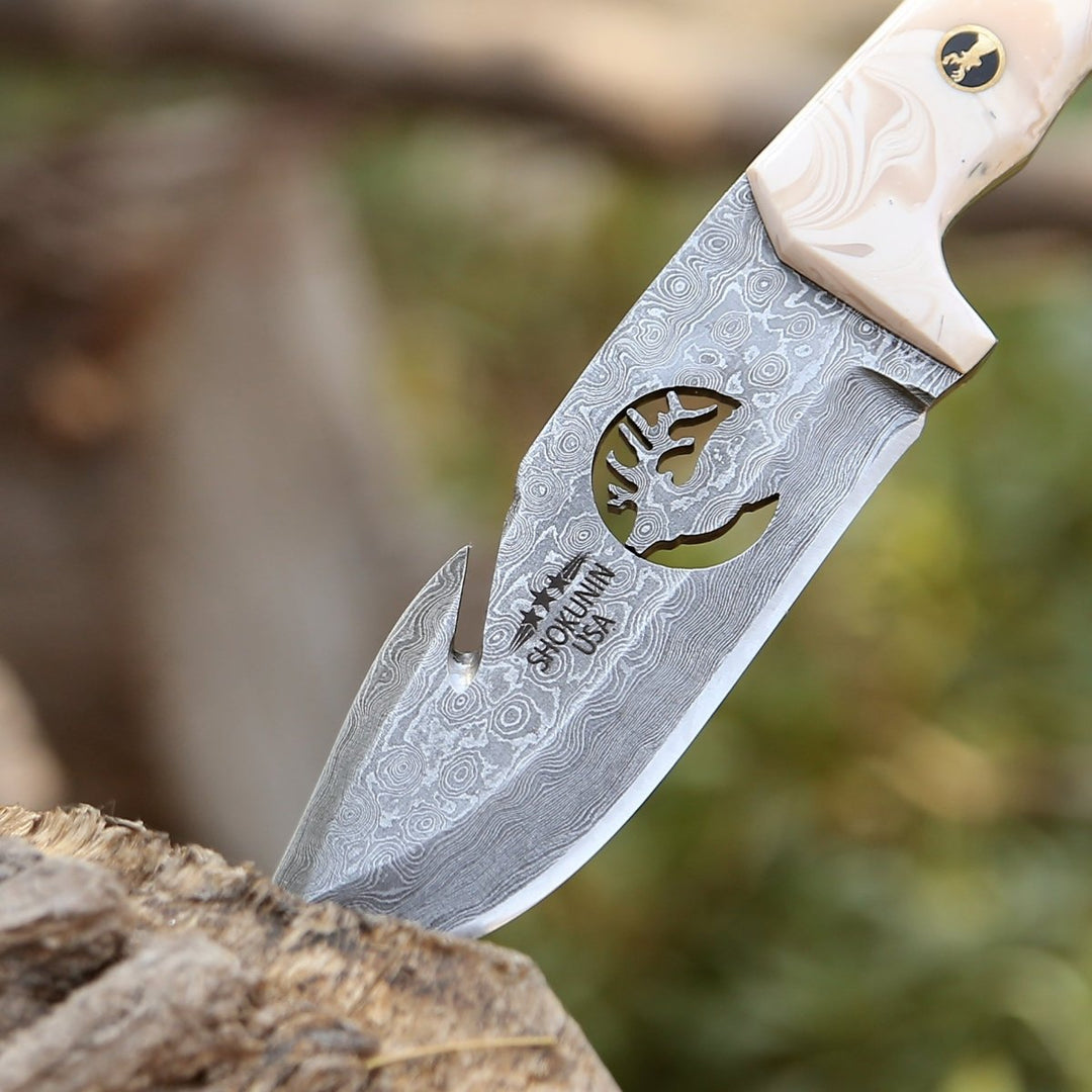 Skinning Knives Personalized – Tranquility Gut Hook Hunting Knife with Pearl Resin Handle – shokuninusa