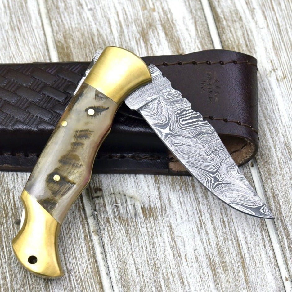 Custom Pocket Knives – Tranquility Handmade Pocket Knife with Ram Horn Handle – shokuninusa