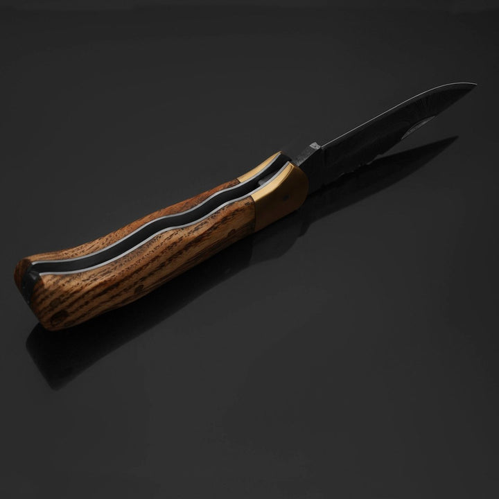 Vanguard Knife – Vanguard Damascus Folding Pocket Knife with Charred Oak Handle – shokuninusa