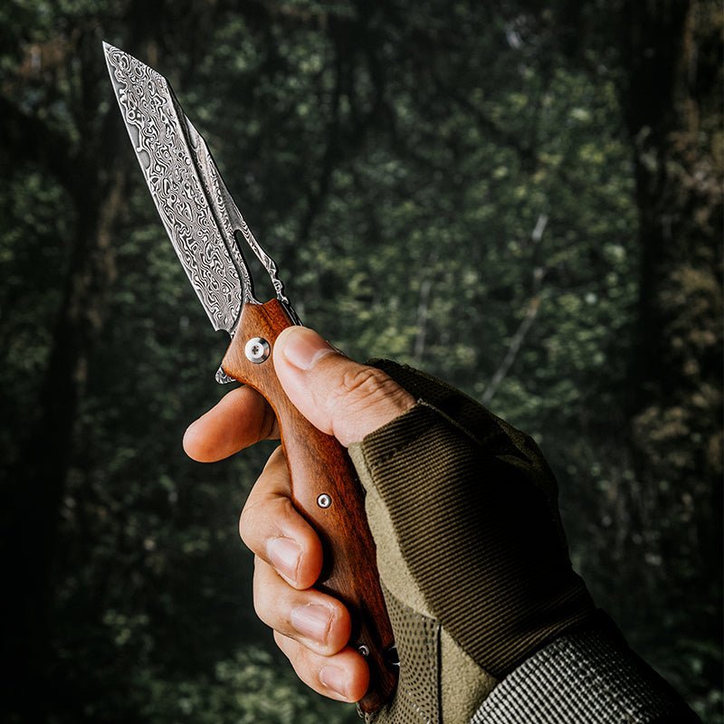 Custom Made Multitools – Vengeance Damascus Pocket Knife with Exotic Red Sandalwood Handle – shokuninusa