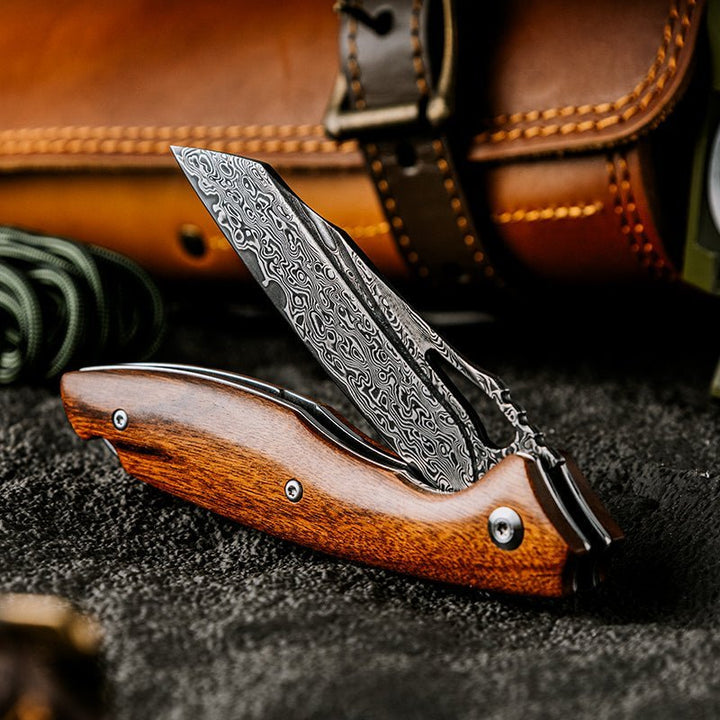 Sandalwood Knife – Vengeance Damascus Pocket Knife with Exotic Red Sandalwood Handle – shokuninusa