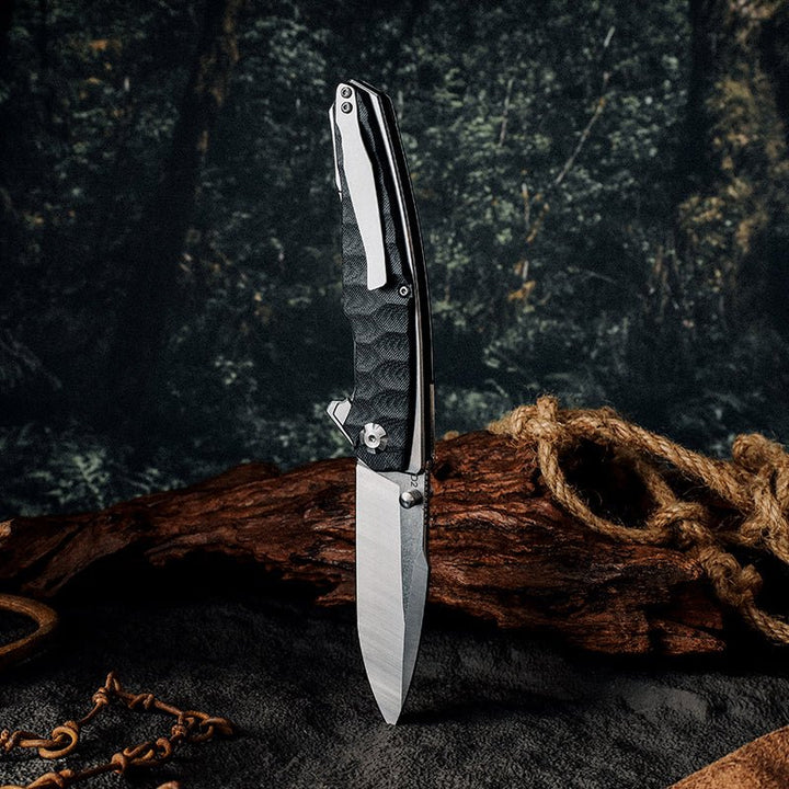 Damascus Knife - Venture D2 High Carbon Stainless Tool Steel Pocket Knife with Clip &amp; G10 Handle - Shokunin USA