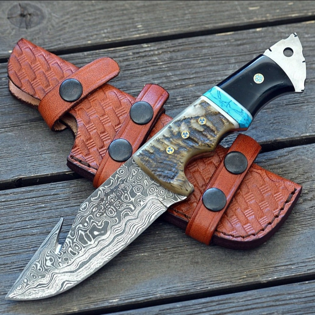 Personalized Gut Hooks - Vertex Damascus Gut Hook Knife with Ram Horn & Turquoise Handle - Shokunin USA