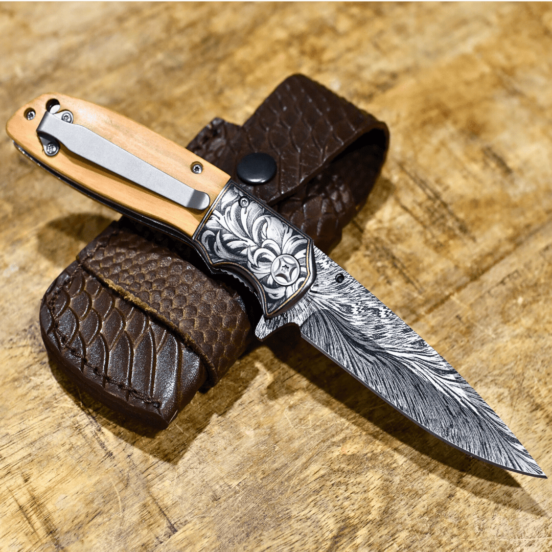 Vertex Damascus Pattern Pocket Knife with Exotic Olive Wood Handle - Shokunin USA