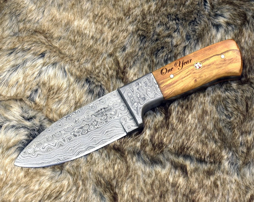 Vesper Custom Knives - Vesper Damascus Hunting Knife with Exotic Wenge Wood Handle &amp; Sheath - Shokunin USA